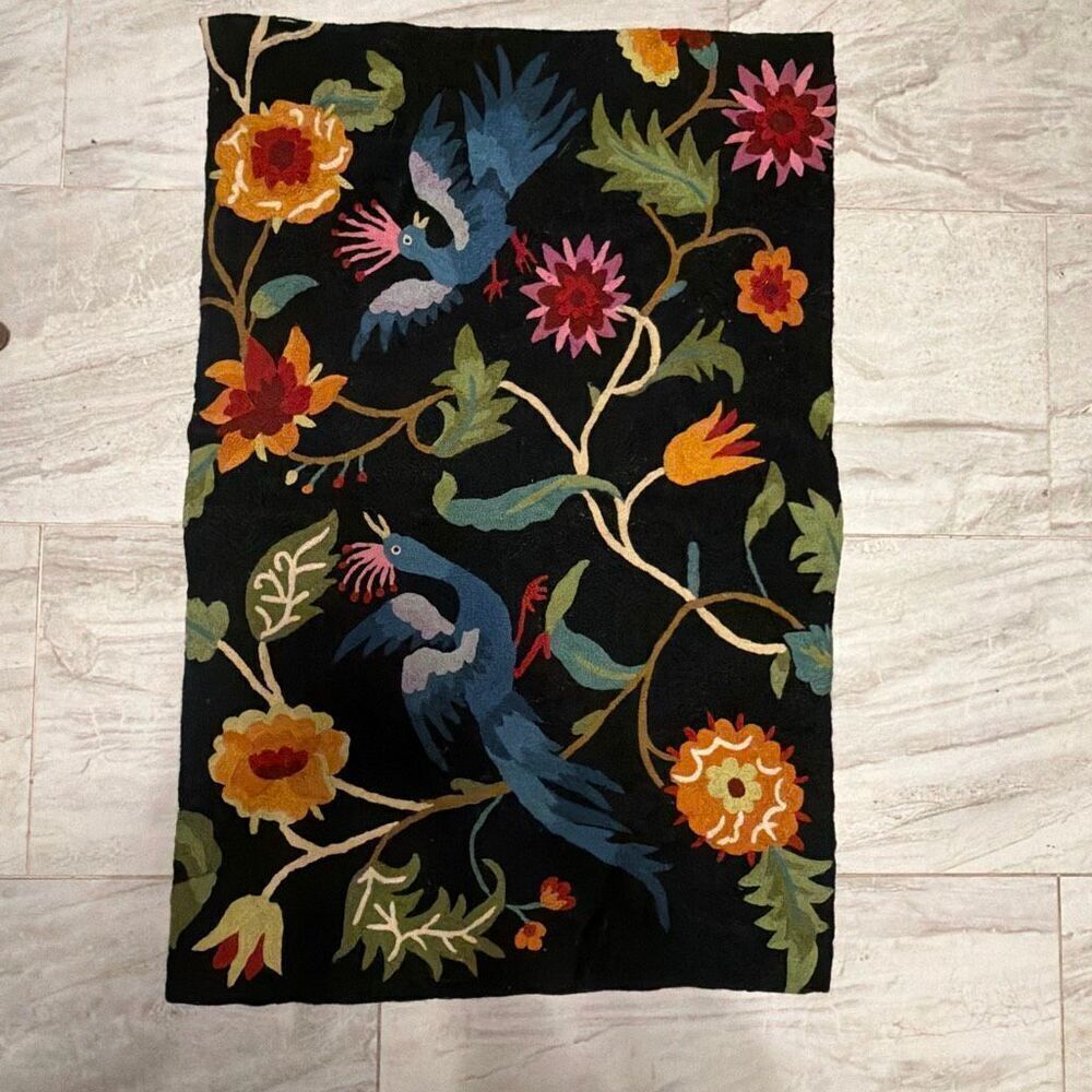 BIRDS OF PARADISE Embroidered Wool and Canvas Tapestry/Rug/Tablecloth 2’ x 3’
